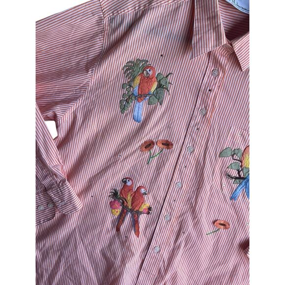 Mili Designs Women’s Button Up Shirt Orange Striped Parrots Appliqué Jewel LARGE - Picture 2 of 11